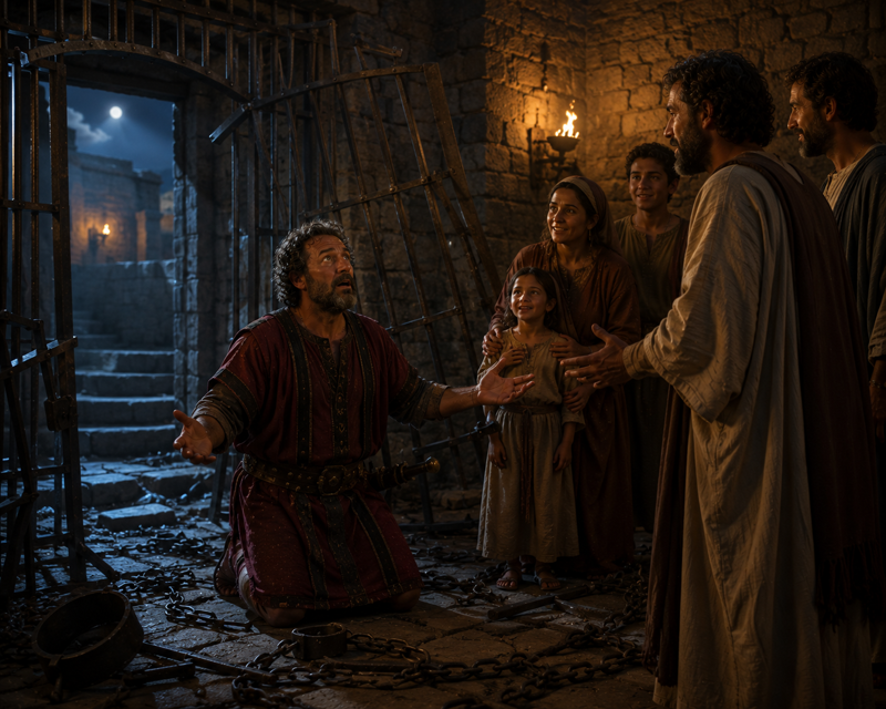 The Philippian jailer — earthquake at midnight and household baptism