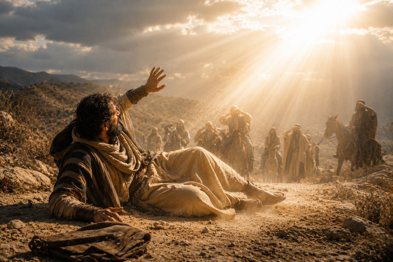 Saul on the Damascus road — blinded then baptized