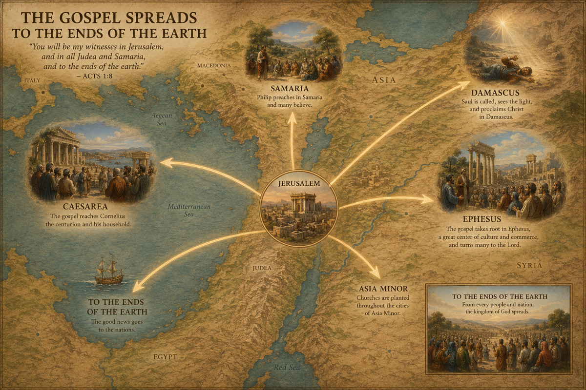 The gospel spreading from Jerusalem to the ends of the earth
